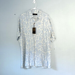 Tasso Elba Shirt Mens 2XL Blue Floral Hawaiian Short Sleeve Silk Linen NEW